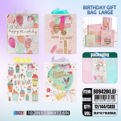 BD9420-LG, Birthday Gift Bags LG.Assorted x4 Styles 10.2"x3.9"x12.6", 887257130724