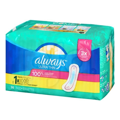 ALW-08320, Always Ultra Thin Pads 26Count Regular Size1, 030772033340