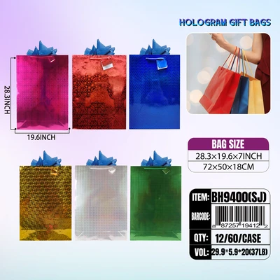 BH9400-SJ, Holohgram Gift Bags SJ Asstd.x6 Color 28.3"x19.6"x7", 887257194122