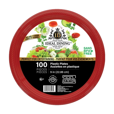 36107, Ideal Dining Plastic Plate 9in Red 100CT, 191554361072