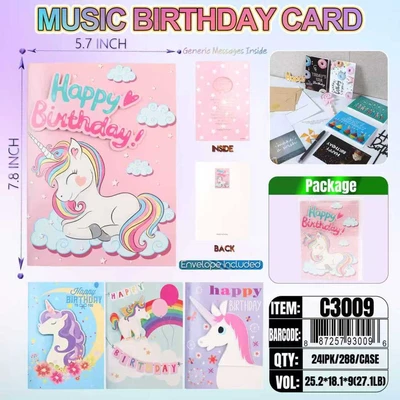 C3009, Birthday Greating Music Card 4x Assorted, 887257930096