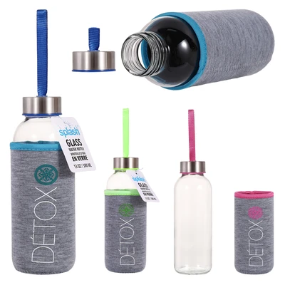 58104, Splash Glass Bottle 12.85oz Sleeve Detox Holder Chrome Top, 191554581043