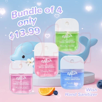 60350, 1.2 oz Hand Sanitizer Spray With Bag,  (4 Scent) Purple Rain/Peachy Nectar/Fruit Punch/Cherry Pop — Wish, 191554603509