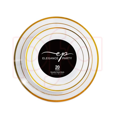 36232, Elegance Bowl 5oz and 12oz White +2 lines Gold Stamp 20Pcs, 191554362321