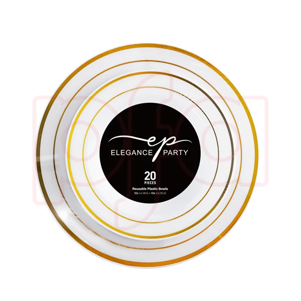 36232, Elegance Bowl 5oz and 12oz White +2 lines Gold Stamp 20Pcs, 191554362321