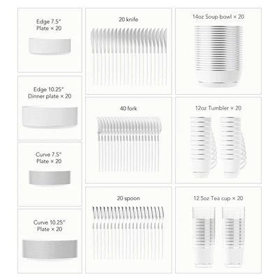 OL36452, Elegance Party Luxury Party Dinnerware Set 220pc – White/Silver