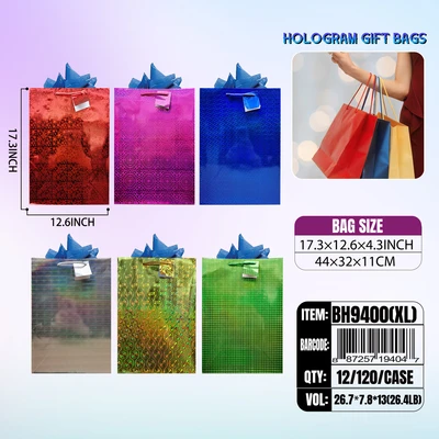 BH9400-XL, Holohgram Gift Bags XL Asstd.x6 Color 17.3"x12.6"x4.3", 887257194047