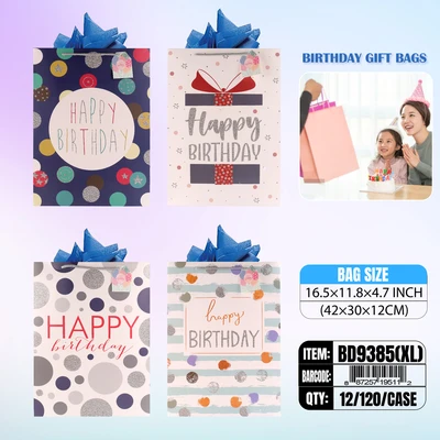 BD9385-XL, Birthday Gift Bags XL.Assorted x4 16.5"x11.80"x4.7", 887257195112