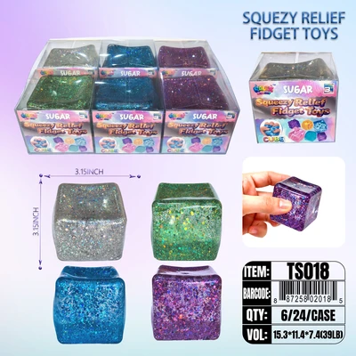 TS018, CUBE Squeezy Relief Fidget Toys Glitter 3.15“x3.15"x3.15", 887258020185