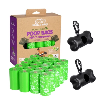 30146, Zeek & Zoey Eco-Friendly Unscented Poop Bags 20 Rolls 300ct With 2 Dispensers, 191554301467