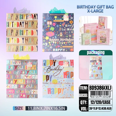 BD9386-XL, Birthday Gift Bags XL.Assorted x4 Styles 11.8"x4.7"x16.5", 887257130526