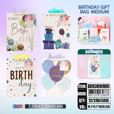BD9389-MD, Birthday Gift Bags MD.Assorted x4 Styles 7.1"x3.1"x9.4", 887257130687