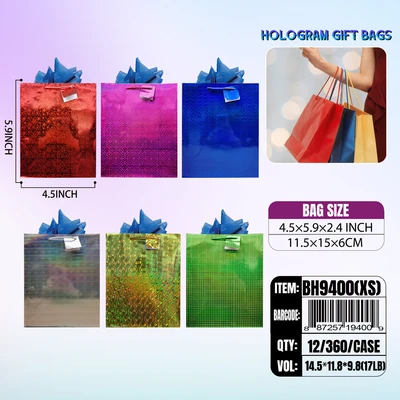 BH9400-XS, Holohgram Gift Bags Xs Asstd.x6 Color 4.5"x5.9"x2.4", 887257194009