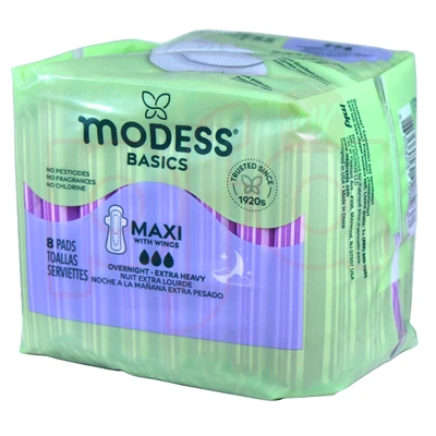 M69823, Modess Maxi Pads 8CT Overnight, 855424008237
