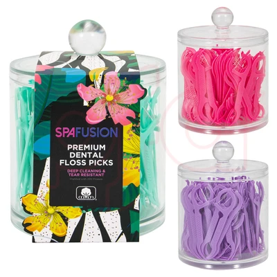 68047, Spa Fusion 200pcs Colored Floss Picks in Acrylic Jar, 191554680470