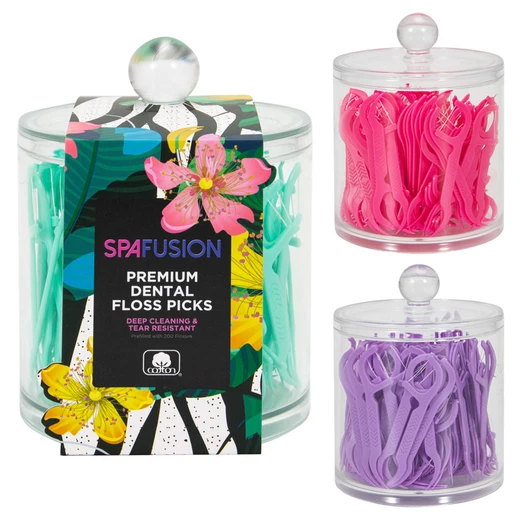 68047, Spa Fusion 200pcs Colored Floss Picks in Acrylic Jar, 191554680470