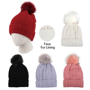 10135, Thermaxxx Ladies Pom Pom Hat w/ Fur lining Dual Knit, 191554101357