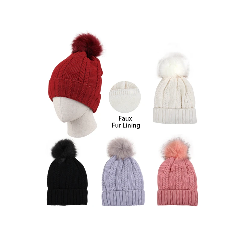 Thermaxxx Ladies Pom Pom Hat w/ Fur lining Dual Knit