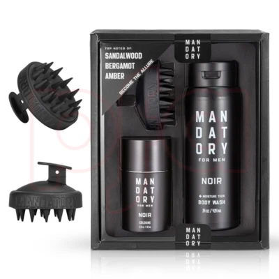 OD89489, MANDATORY Men's 3pcs Gift Set  NOIR 2.oz/60ml EDT 14oz/414ml Body Wash Scalp Scrubber, 191554894891