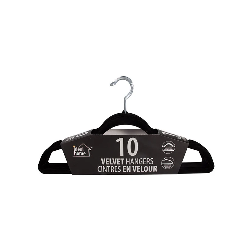 Ideal Home Velvet Hanger 10PK Black Chrome Hook