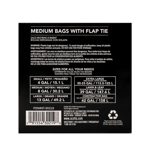 ST-30219, Scotts Flap Tie Bag Box 8 Gal 88CT White Lemon, 191554302198