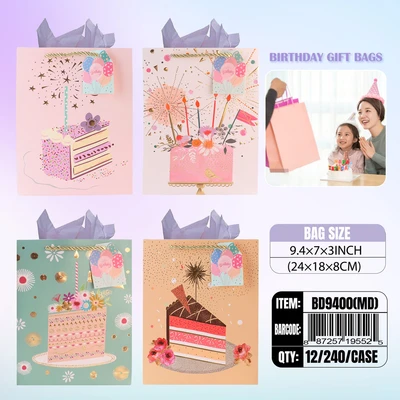 BD9400-MD, Birthday Gift Bags MD.Assorted x4  9.4"x7.1"x3.2", 887257195525