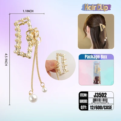 J3502, Hair Clip 2″ Inch with Pearl, 887257835025