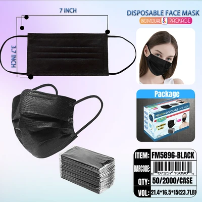 FM5896-BLACK, Black Disposable Face Mask 50/Box Individual Package, 887257158964