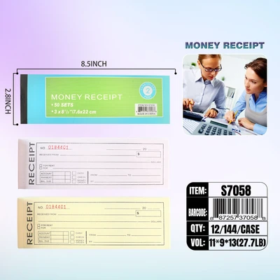 S7058, Money Receipt  50/Duplicate Sheets   8.5"x2.8", 887257370588