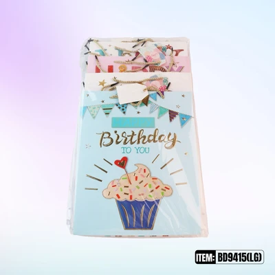BD9415-LG, Birthday Gift Bags LG x4 Assted. 10.2"x3.9"x12.6", 887257130342