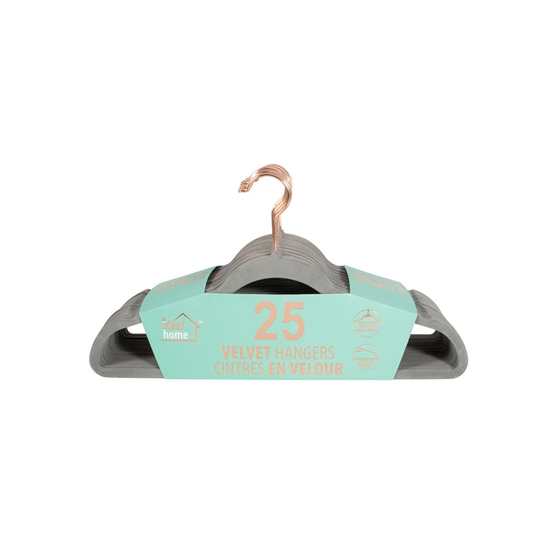 Ideal Home Velvet Hanger 25PK Grey Rose Gold Hook
