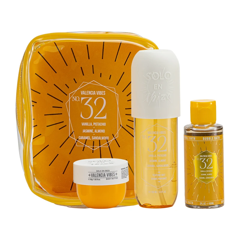 Women's 3 Pcs Bag Set 3.4 oz Body Mist 2 oz Bubble Bath 1.02 oz Body Butter Valencia Vibes 32 - Solo En lbiza