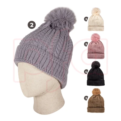 10145, Thermaxxx Ladies Pom Hat w/Fur Lining Knit, 191554101456