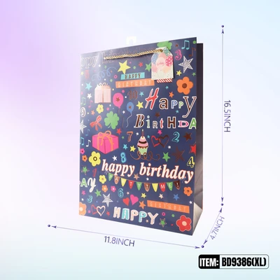 BD9386-XL, Birthday Gift Bags XL.Assorted x4 Styles 11.8"x4.7"x16.5", 887257130526
