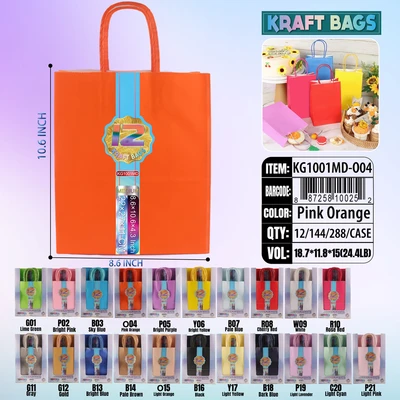 KG1001MD-O04, Kraft Bags MD. Orange 12/Pk 10.6"x8.6"x4.3", 887258100252