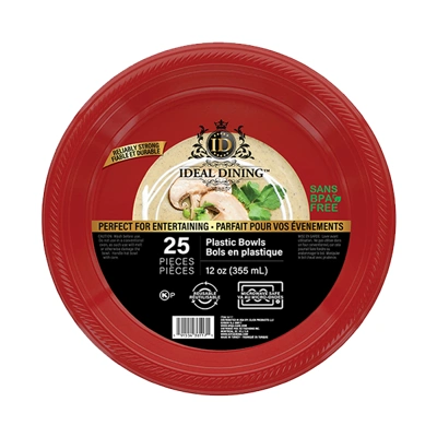 36117, Ideal Dining Plastic Bowl 12oz Red 25CT, 191554361171