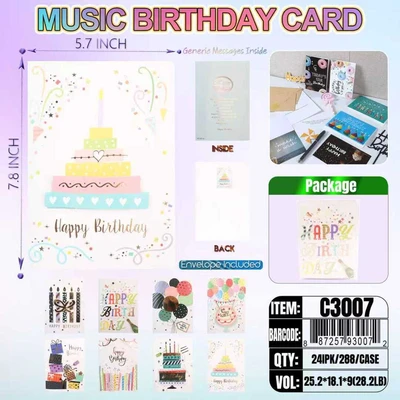 C3007, Birthday Greating Music Card 4x Assorted, 887257930072