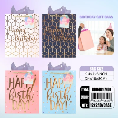BD9401-MD, Birthday Gift Bags MD.Assorted x4  Styles 7.1"x3.1"x9.4", 887257195556