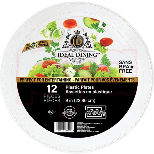 36100, Ideal Dining Plastic Plate 9in White 12CT, 191554361003