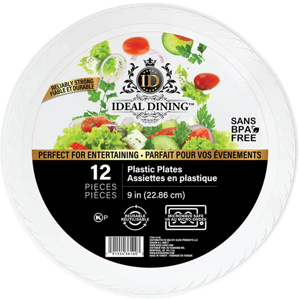 36100, Ideal Dining Plastic Plate 9in White 12CT, 191554361003