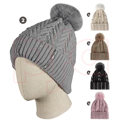 10023, Cindy Claire Ladies Stone Pom Hat w/Fur Lining, 191554100237