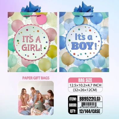 BB9522-LG, Baby Gift Bags LG.Assorted x4 12.5"x10.2"x3.9", 887257195549