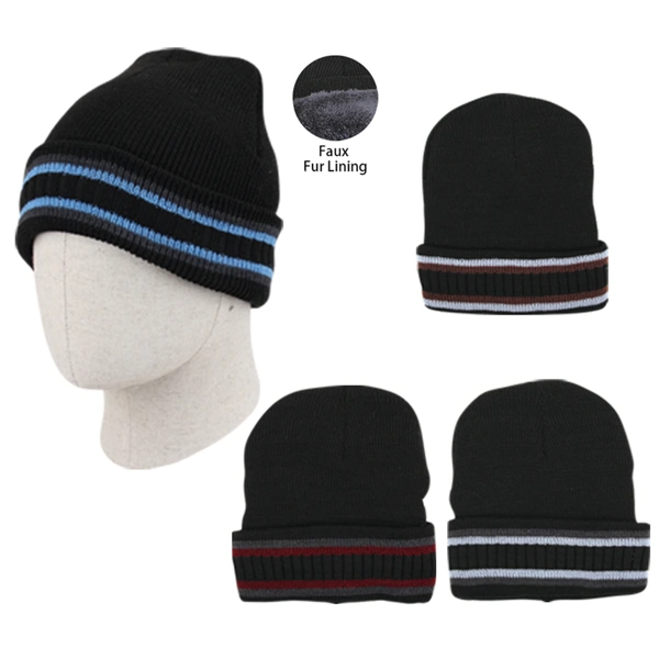 10066, Thermaxxx Men's Hat w/ Fur Lining 2 Stripes, 191554100664