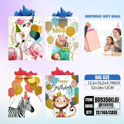 BD9356-LG, Birthday Gift Bags LG.Assorted x4 12.5"x10.2"x3.9", 887257194450
