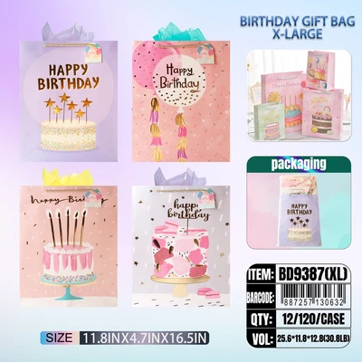 BD9387-XL, Birthday Gift Bags XL.Assorted x4 Styles 11.8"x4.7"x16.5", 887257130632