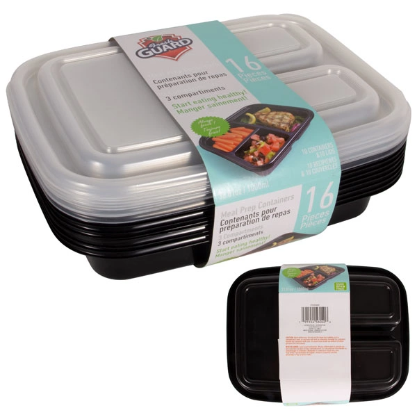 56040, Fresh Guard Plastic Bento Meal Prep Container 16Pcs 1LT 3 Compartment, 191554560406