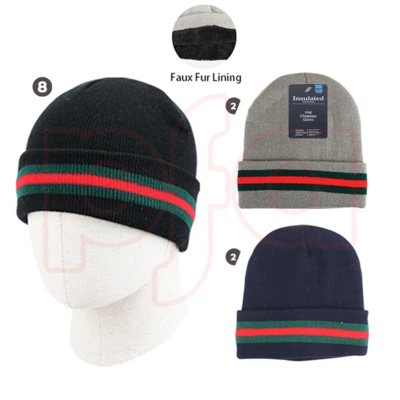 10053, Insulated Beanie Hat w/ Fur lining Red Green Stripes, 191554100534