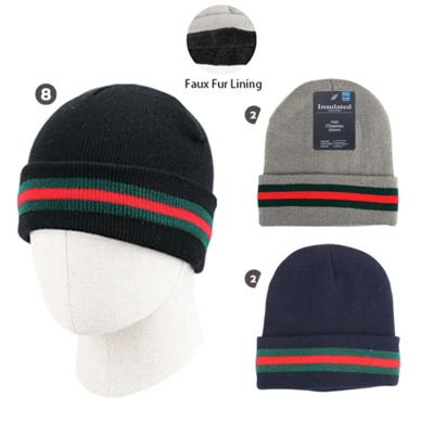 10053, Insulated Beanie Hat w/ Fur lining Red Green Stripes, 191554100534