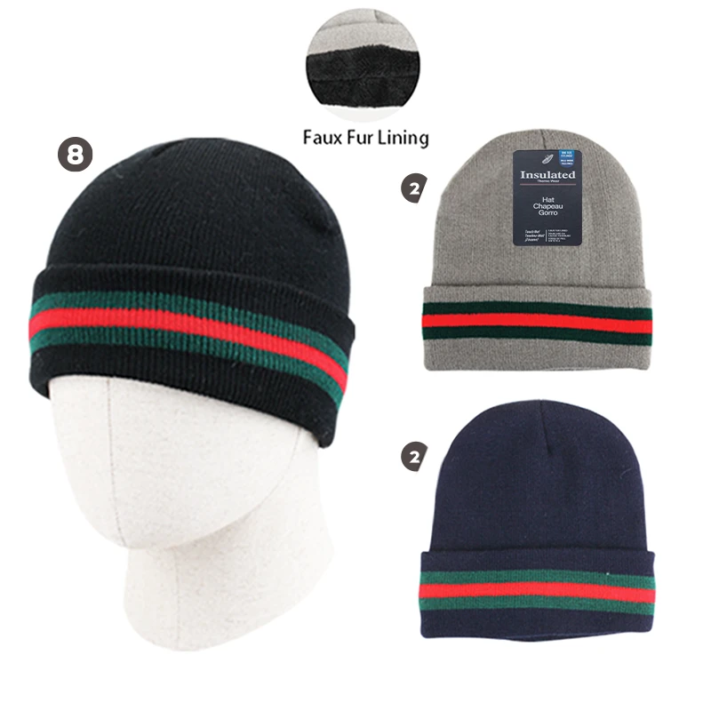 Insulated Beanie Hat w/ Fur lining Red Green Stripes