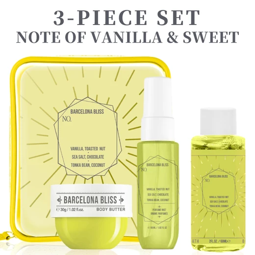 89464, SOLO EN IBIZA 3pcs-BARCELONA BLISS 24-1.02oz Body Mist, 2oz Bubble Bath, 1.02oz Body Butter, 191554894648